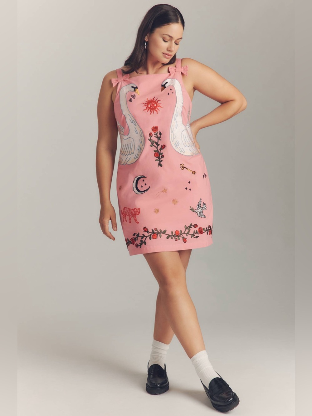 Anthropologie Pink Embroidered Swan Mini Dress - Picture 2 of 7